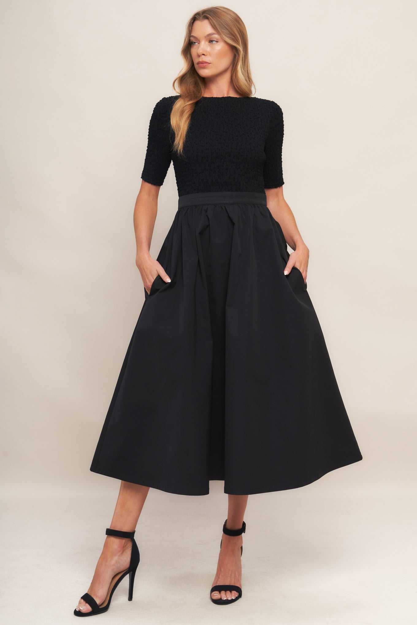 EVENING GRACE BLACK WOVEN MIDI DRESS Flying Tomato